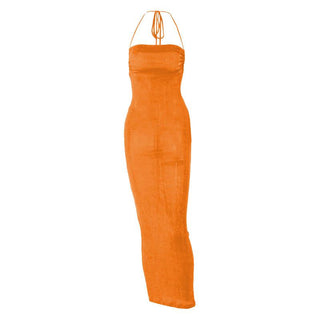 Halter ruched backless lace up solid self tie maxi dress