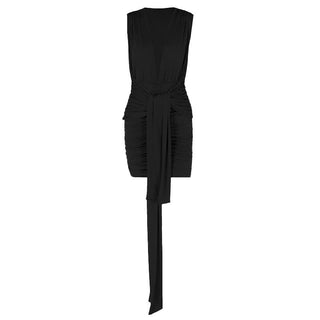 Deep V neck ruched solid mini dress