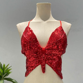 Deep V neck glitter cross back self tie cami top