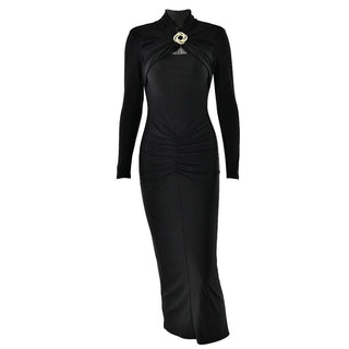 Hollow out long sleeve ruched slit solid cut out midi dress