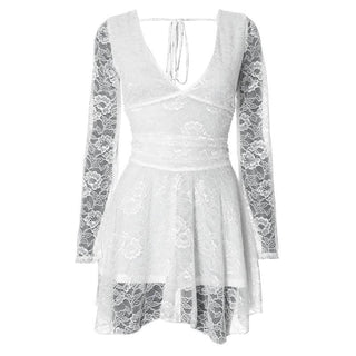 Lace v neck long sleeve self tie backless mini dress