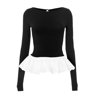 Ruched long sleeve round neck hollow out ruffle cut out top