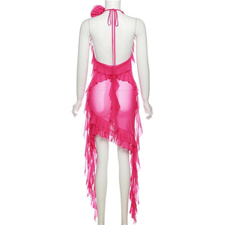 See through halter sheer mesh ruffle flower applique mini dress