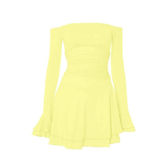 Off shoulder long flared sleeve ruched ruffle mini dress