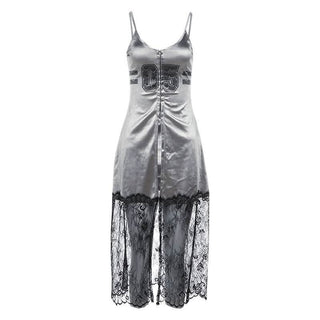 U neck button high slit lace hem patchwork cami top