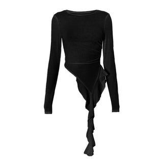 Long sleeve ruched irregular ruffle crewneck top