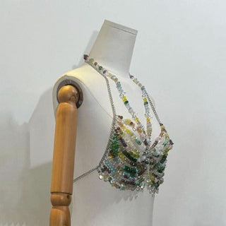 Halter metal chain hollow out beaded cut out top