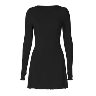 Ribbed solid long sleeve gloves lace up ruffle mini dress
