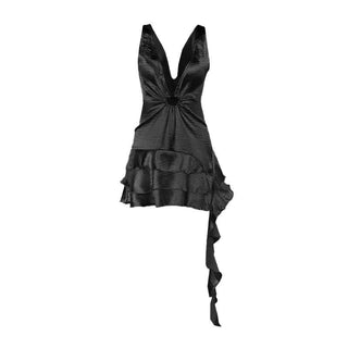 Ruffle deep V neck ruched irregular solid mini dress