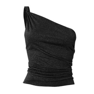 One shoulder ruched irregular knotted solid top
