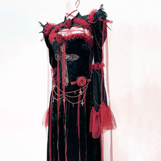 Long sleeve flower applique ruffle feather maxi dress