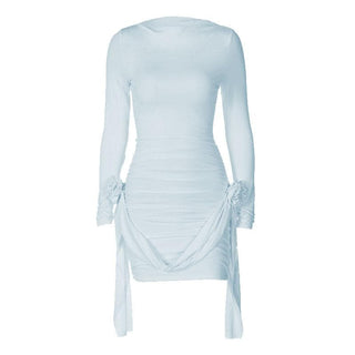 Flower applique solid long sleeve ruched ribbon mini dress