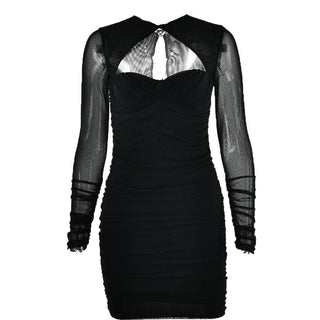 Hollow out ruched mesh long sleeve zip-up button cut out mini dress