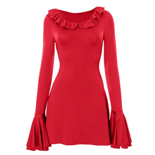 Long flared sleeve ruffle round neck ruched mini dress