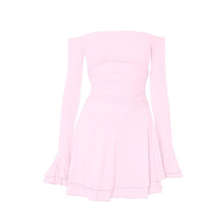 Off shoulder long flared sleeve ruched ruffle mini dress