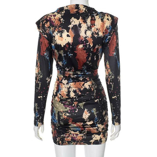 Long sleeve ruched tie dye print crewneck mini dress