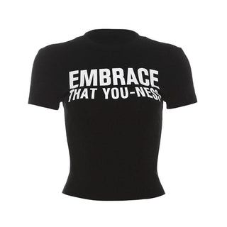 Crewneck short sleeve "EMBRACE" pattern crop top