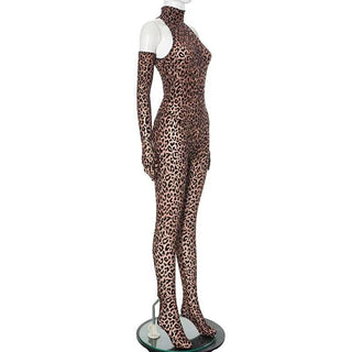 Leopard print high neck gloves zip-up jumpsuit
