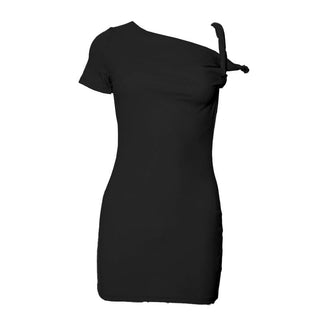 Short sleeve one shoulder ruched solid mini dress