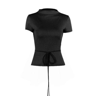 Short sleeve crewneck self tie backless top