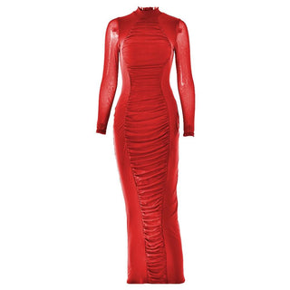 Long sleeve ruched mesh patchwork maxi dress-final-sale