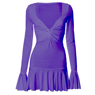 Long flared sleeve ruched v neck solid mini dress