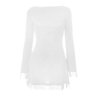 Long sleeve round neck self tie backless mini dress