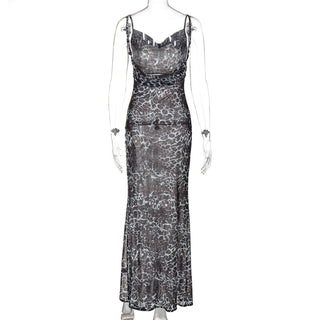 Leopard print cowl neck high slit backless cami maxi dress