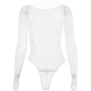 Fishnet solid beaded long sleeve gloves round neck bodysuit