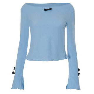 Long flared sleeve round neck bowknot textured top