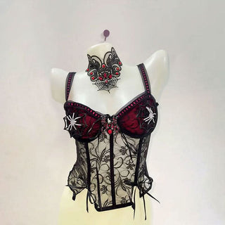 V neck bowknot spider applique cross pattern cami top