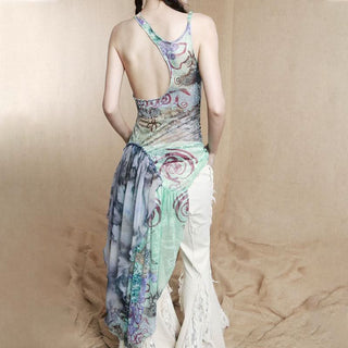 Irregular u neck ruched ruffle print contrast top