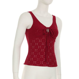 Hollow out v neck self tie textured tank cut out top