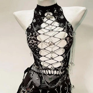 Hollow out metal chain crewneck lace cut out top