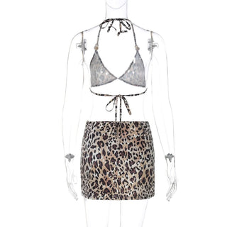 Halter self tie leopard print v neck mini skirt set