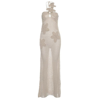 Halter knitted flower pattern see through maxi dress-final-sale
