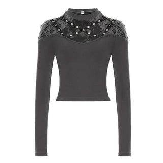 Long sleeve crewneck hollow out cut out top