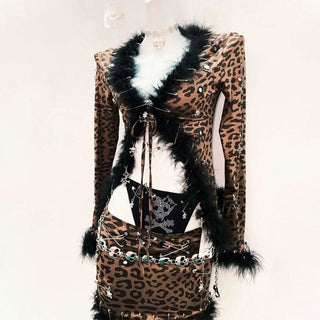Leopard print feather v neck long sleeve mini skirt set