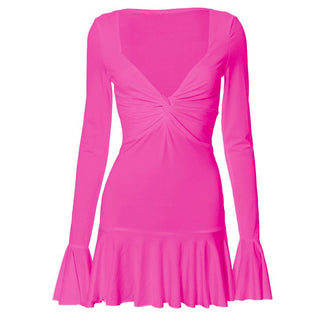 Long flared sleeve ruched v neck solid mini dress