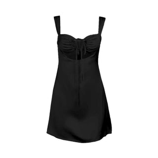 Drawstring ruched satin hollow out cami cut out mini dress