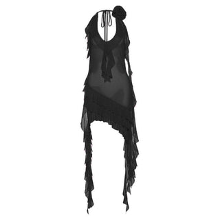 See through halter sheer mesh ruffle flower applique mini dress