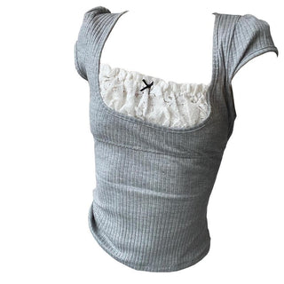 Short sleeve patchwork bowknot ribbed lace top