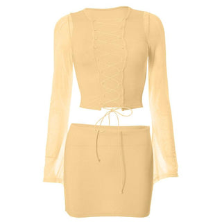Long sleeve hollow out lace up mesh mini skirt set