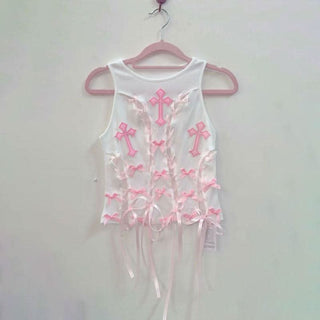 Crewneck bowknot cross pattern lace up ribbon top
