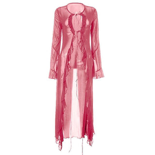 Flared sleeve ruffle sheer mesh see through self tie maxi dress
