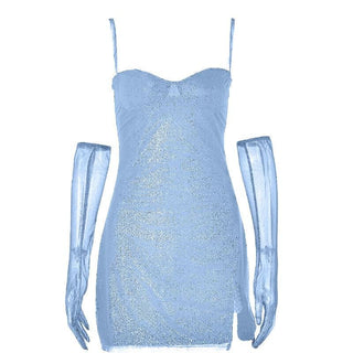 Textured mesh gloves sweetheart neck zip-up slit cami mini dress