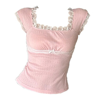 Cap sleeve square neck lace hem textured top