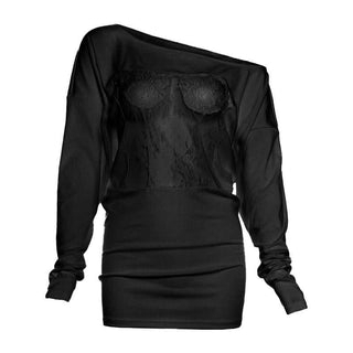 Irregular long sleeve lace see through solid top