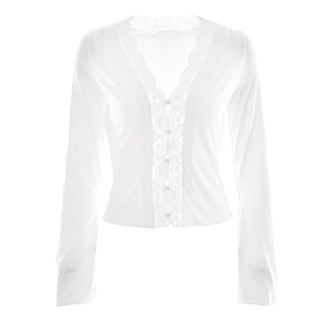 Long sleeve deep V neck lace hem hollow out cut out top