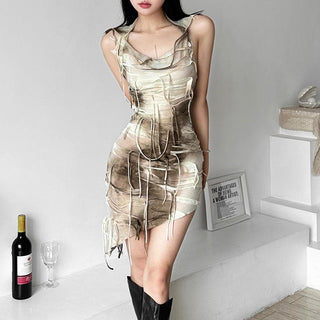Cowl neck hoodie tie dye irregular mini dress